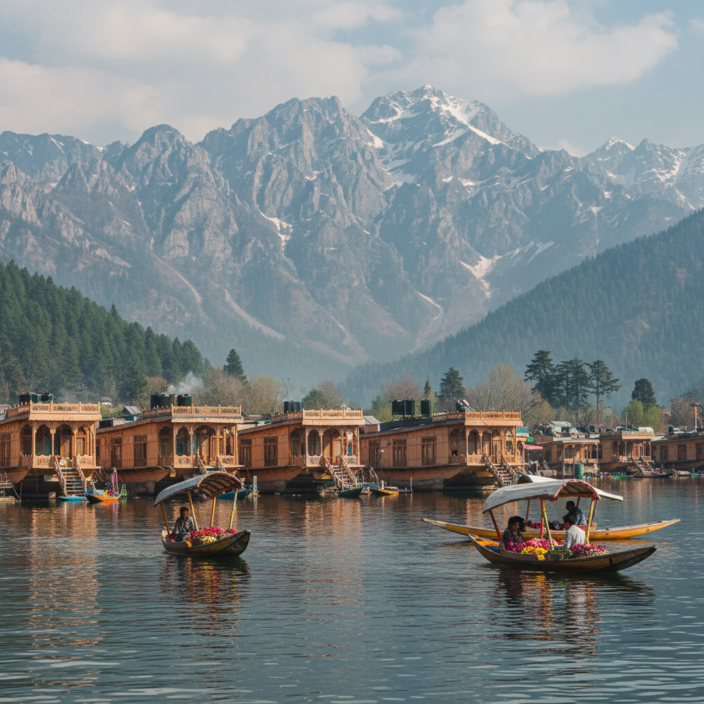 Dal Lake Kashmir with houseboats and Himalayan mountains representing Kashmir tour packages